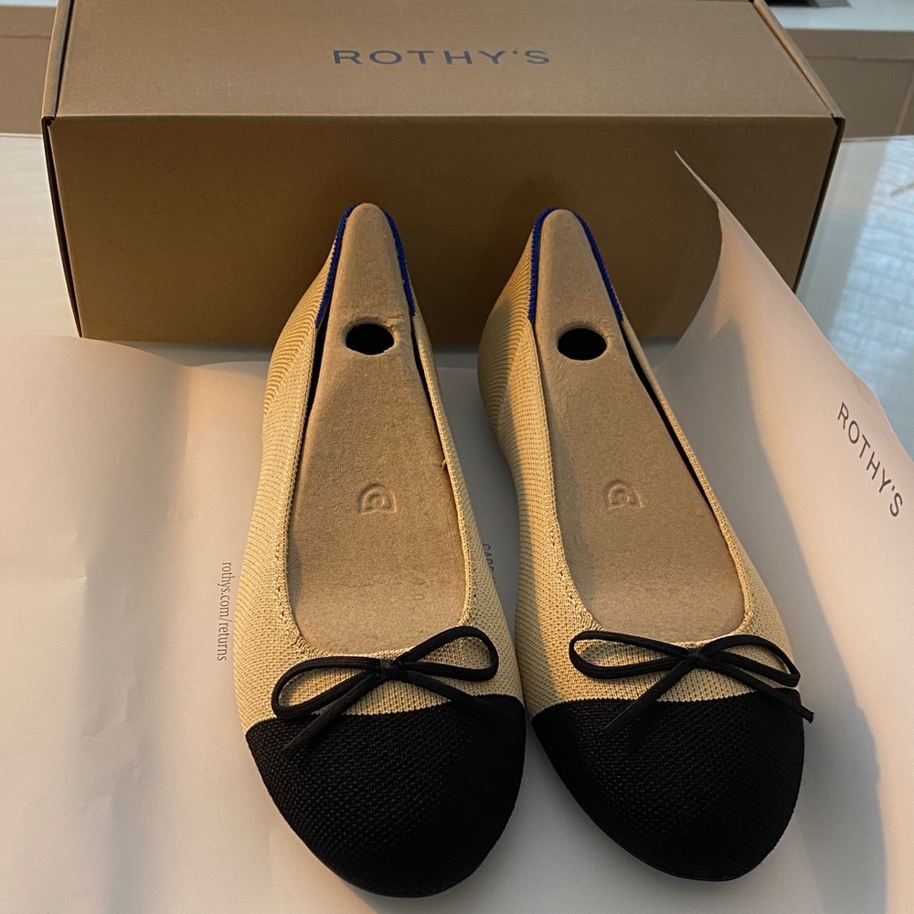 Rothy's Two-Tone Cream and Black Ballet Flats